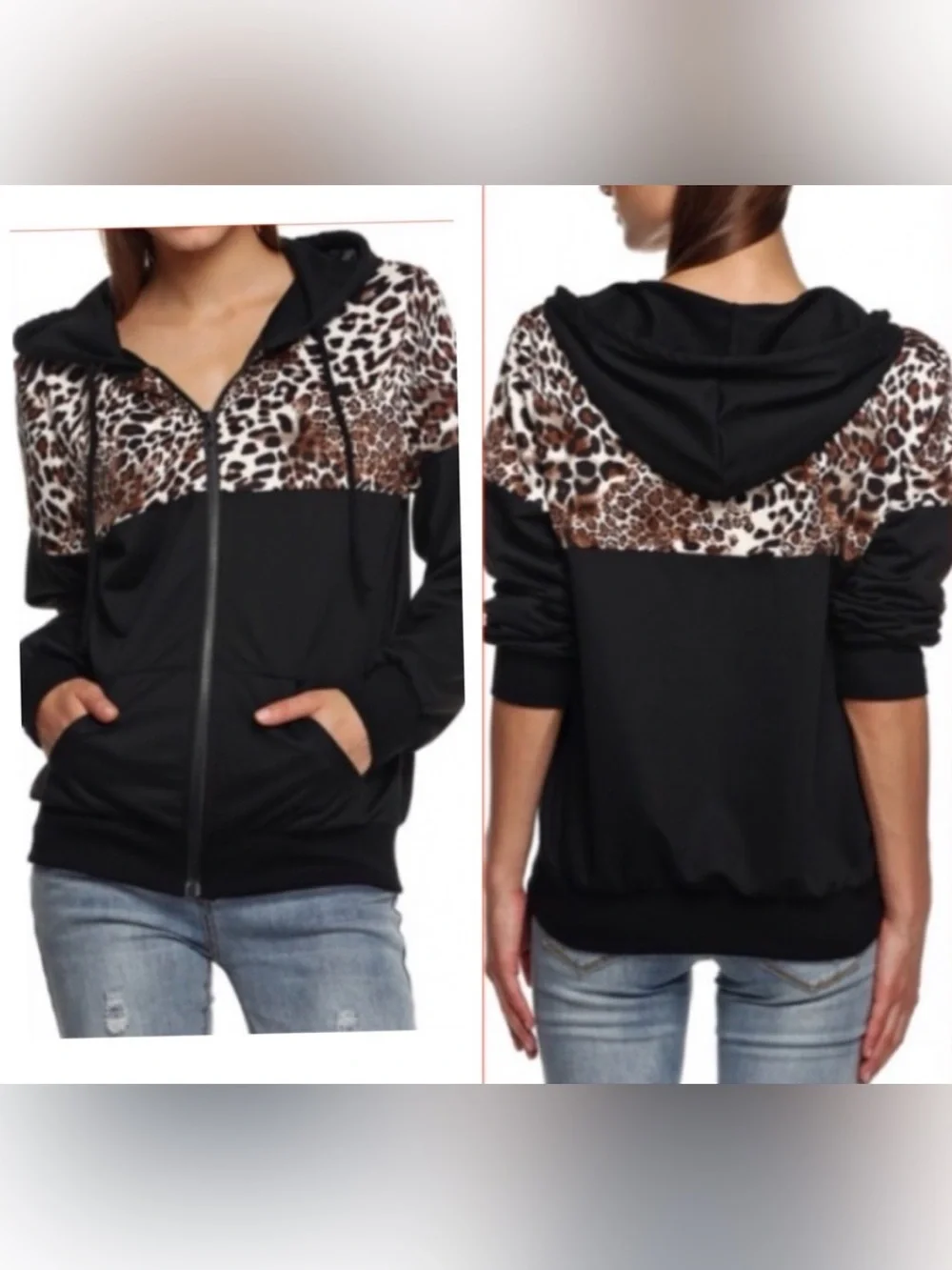 Women’s Black Zip-Up Hoodie with Leopard Print Accent - Picture 5 of 6